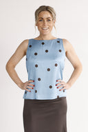 Alma blouse blue and brown polka dot