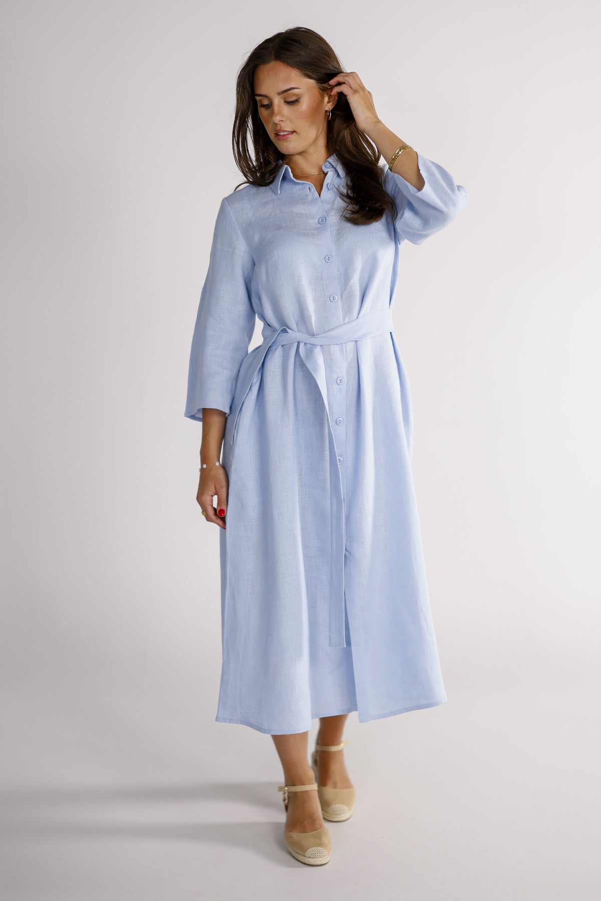 light blue shirt dress women Donna skyblue linen from ko:ko norway – kokonorway Birthday_Outfit Complete the Look:Birthday Duo (Dress + Party Hat) No Doubt About It transitioning smoothly from casual